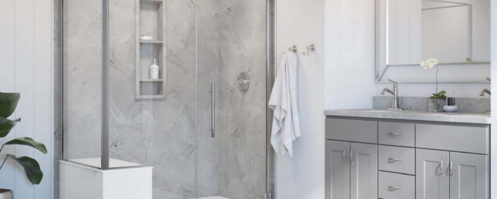 bathroom installation example with vanity top in white and grey