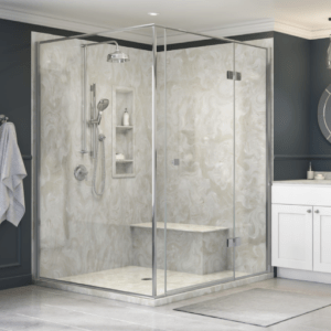 wolf showers installation example in white swirl with chrome hardware